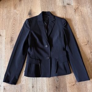 Prada Black Tailored Blazer Jacket Leather Trim Zippers Size 40 Made in Italy